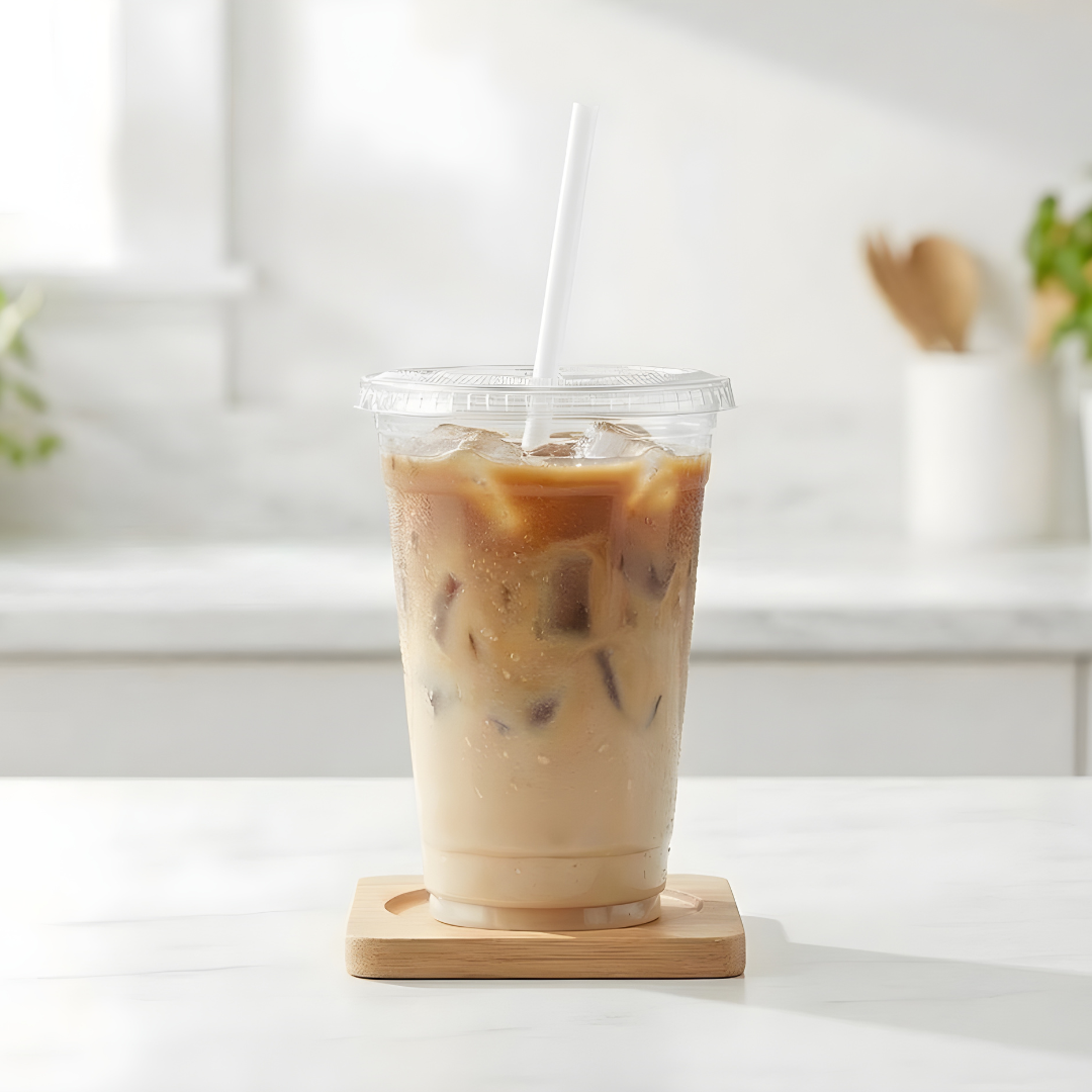 Iced coffee in a clear plastic cup with a straw on a wooden coaster, blurred background