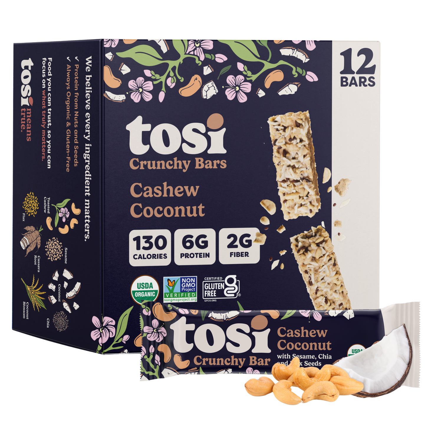 Tosi Crunchy Bars - Cashew Coconut (Snack Size), 72-count case