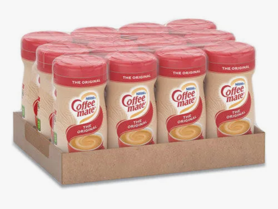 A 12-pack of Nestle Coffee-Mate Original instant coffee in a brown cardboard tray, photographed on a clean white background.