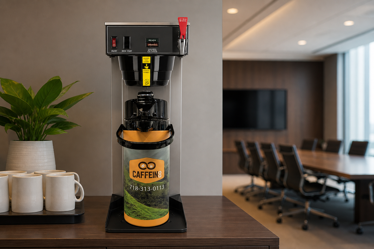 Caffein8 ACE-AP commercial coffee brewer with thermal airpot in a modern office conference hospitality area