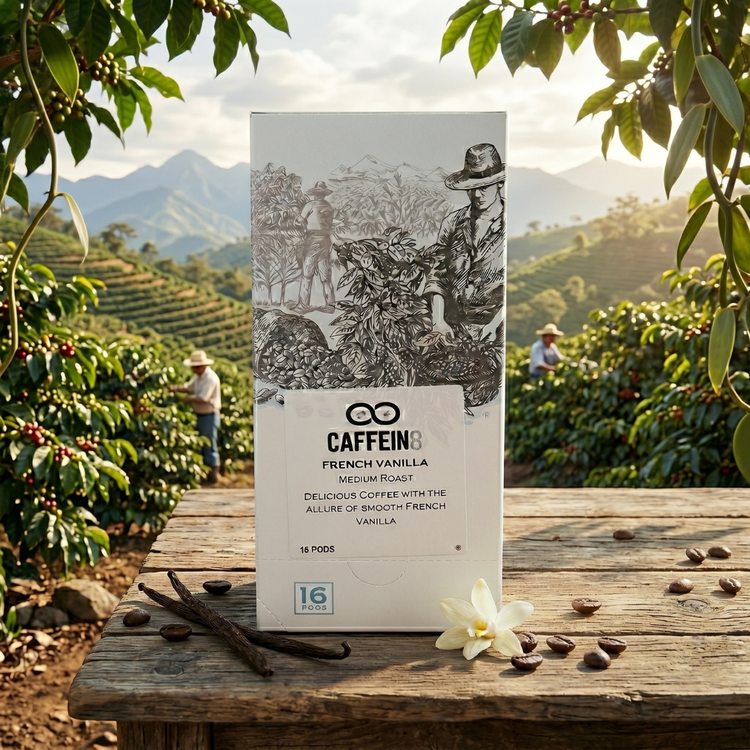 CAFFEIN8 French Vanilla coffee pods box on a wooden table with a coffee plantation behind it