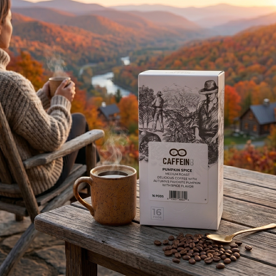CAFFEIN8 Pumpkin Spice coffee pods box on rustic wooden table with steaming mug and woman in sweater overlooking autumn mountain valley at sunset