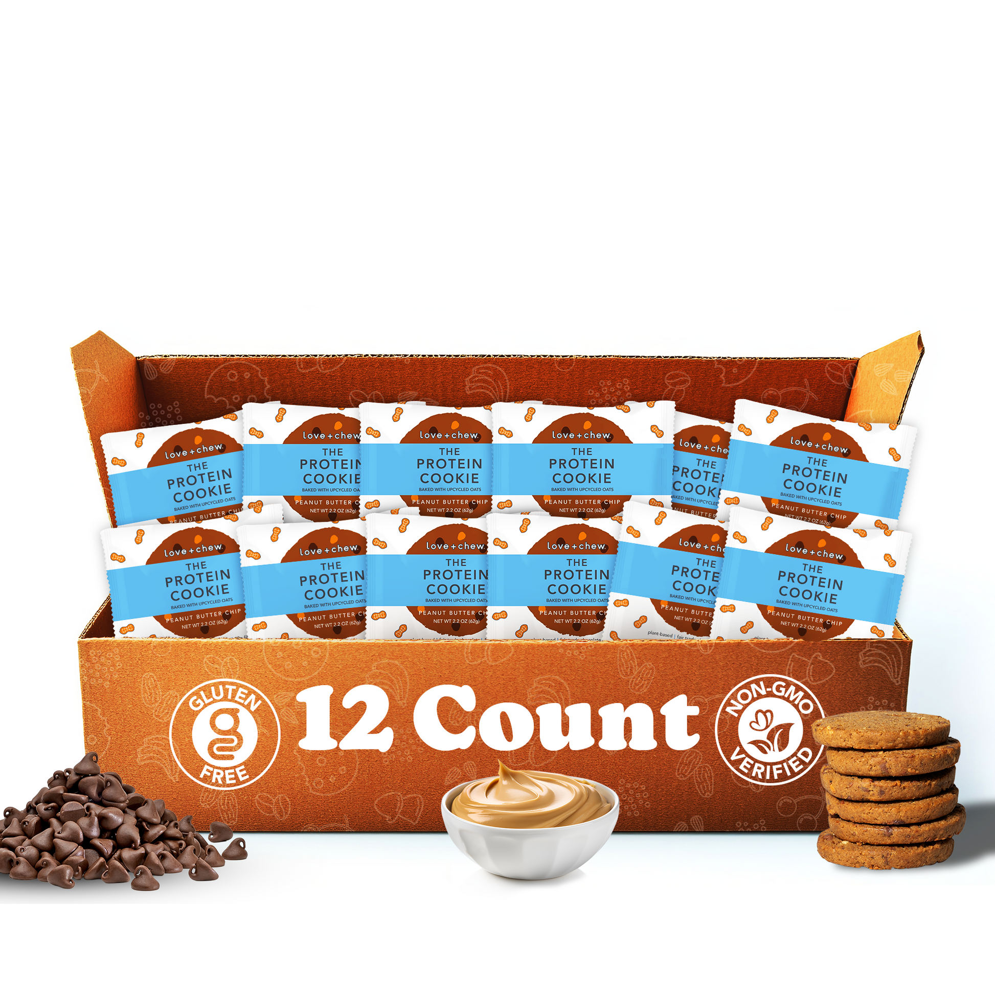 Love + Chew Peanut Butter Chip Protein Cookie, 80-count case