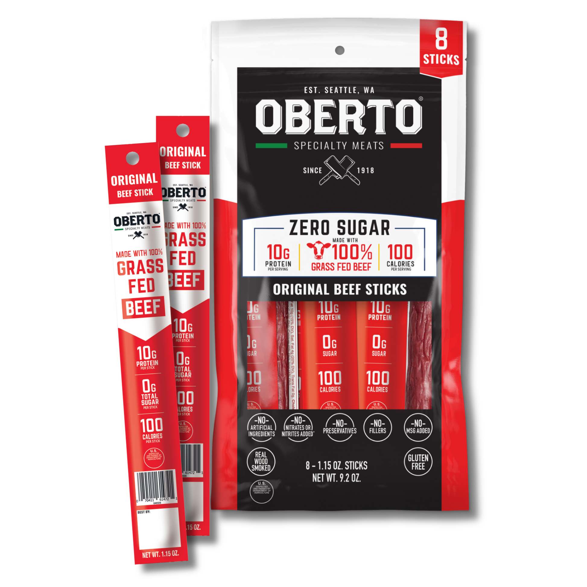 Oberto Zero Sugar Grass Fed Original Beef Sticks, 108-count case