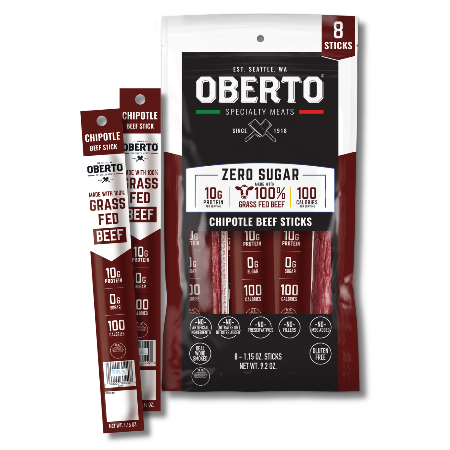 Oberto Zero Sugar Grass Fed Chipotle Beef Sticks, 108-count case