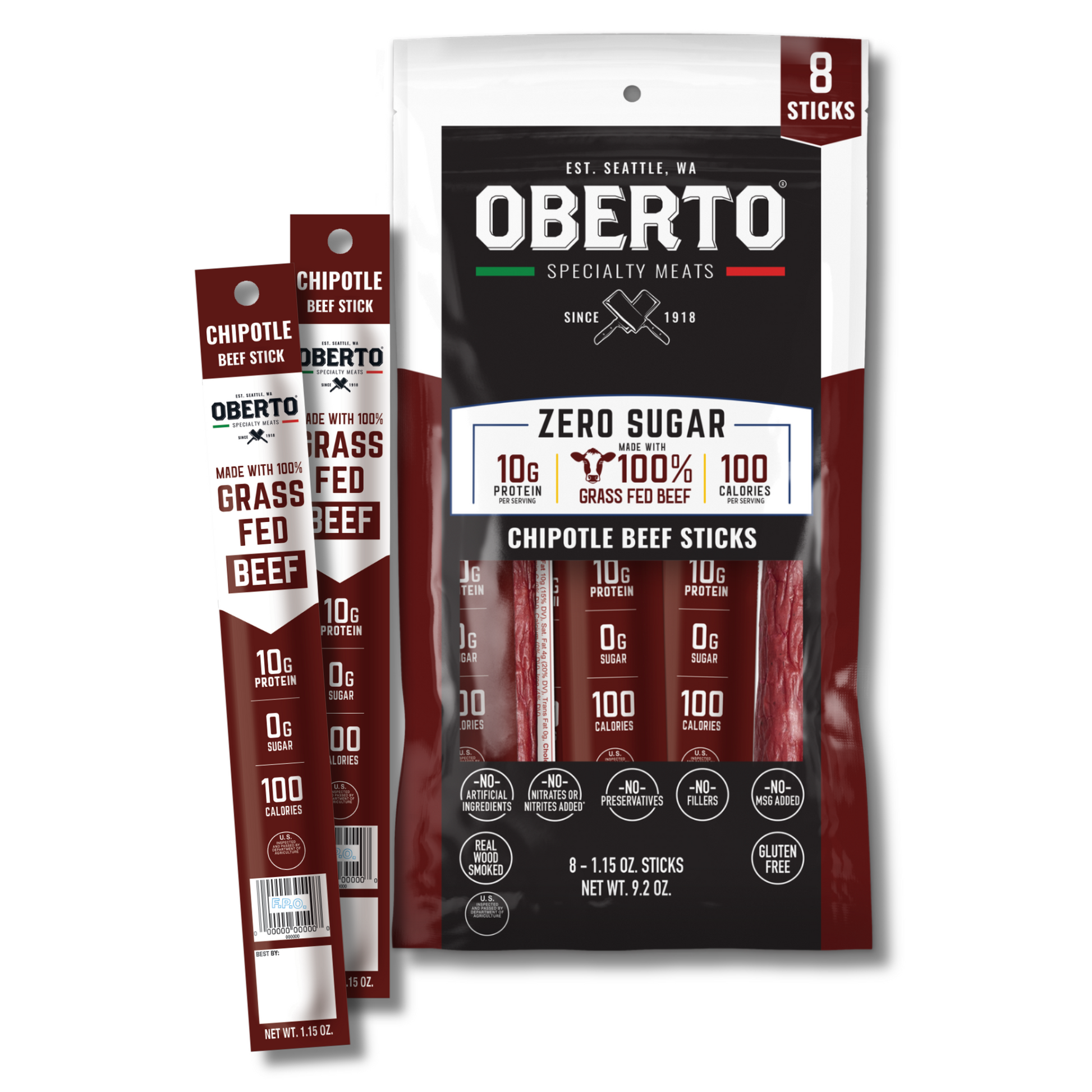 Oberto Zero Sugar Grass Fed Chipotle Beef Sticks, 108-count case