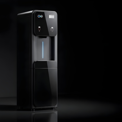 A sleek, glossy black water dispenser with a digital control panel and blue LED light accents, set against a dark studio background.