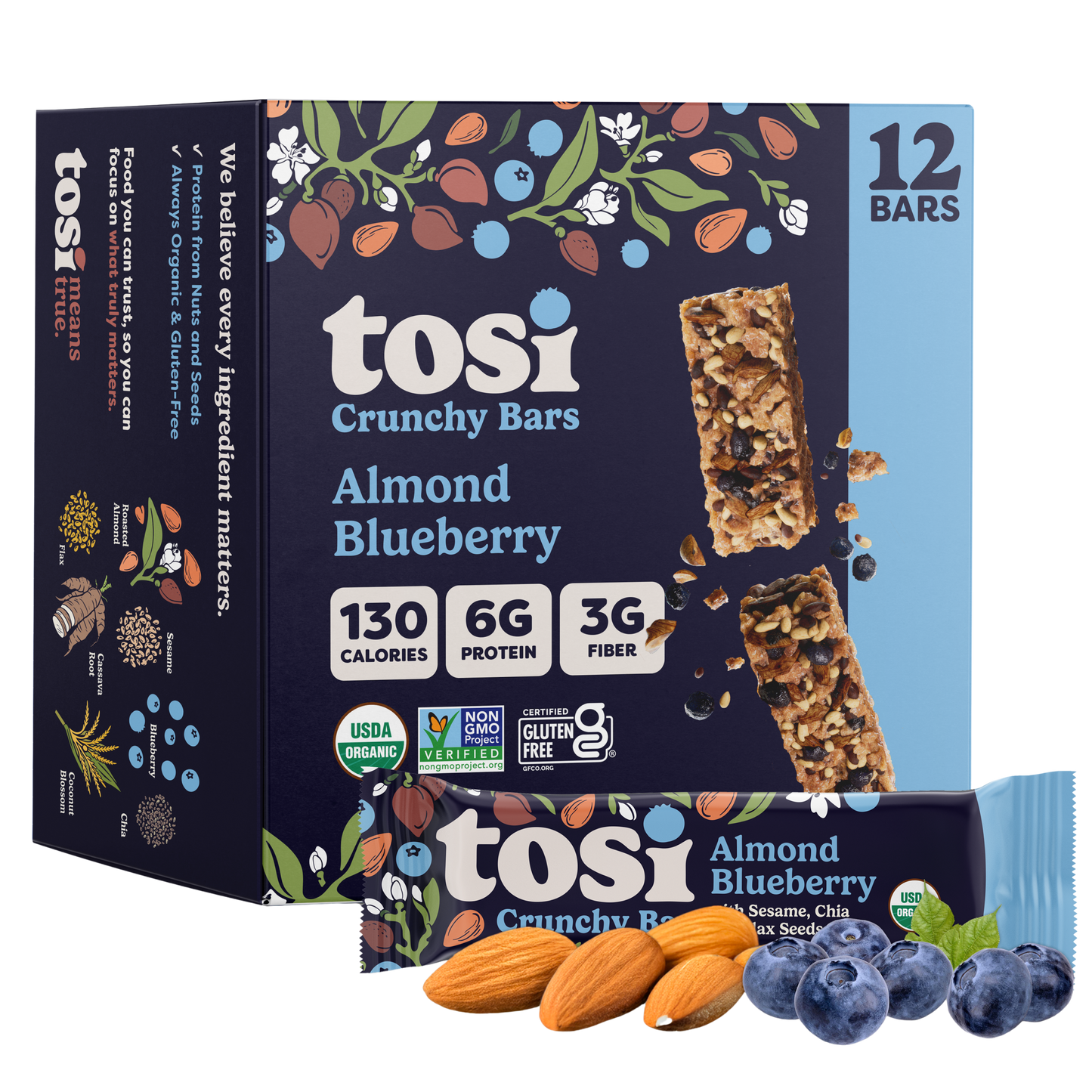 Tosi Crunchy Bars - Almond Blueberry (Snack Size), 72-count case