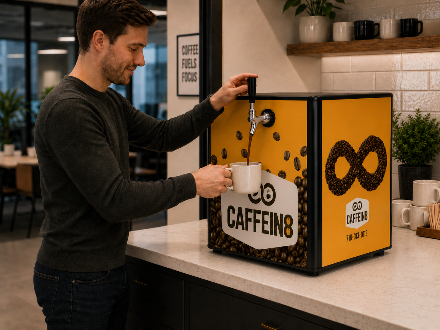 Man in an office breakroom filling a white mug from a CAFFEIN8 coffee dispenser with side bean-infinity logo and phone number