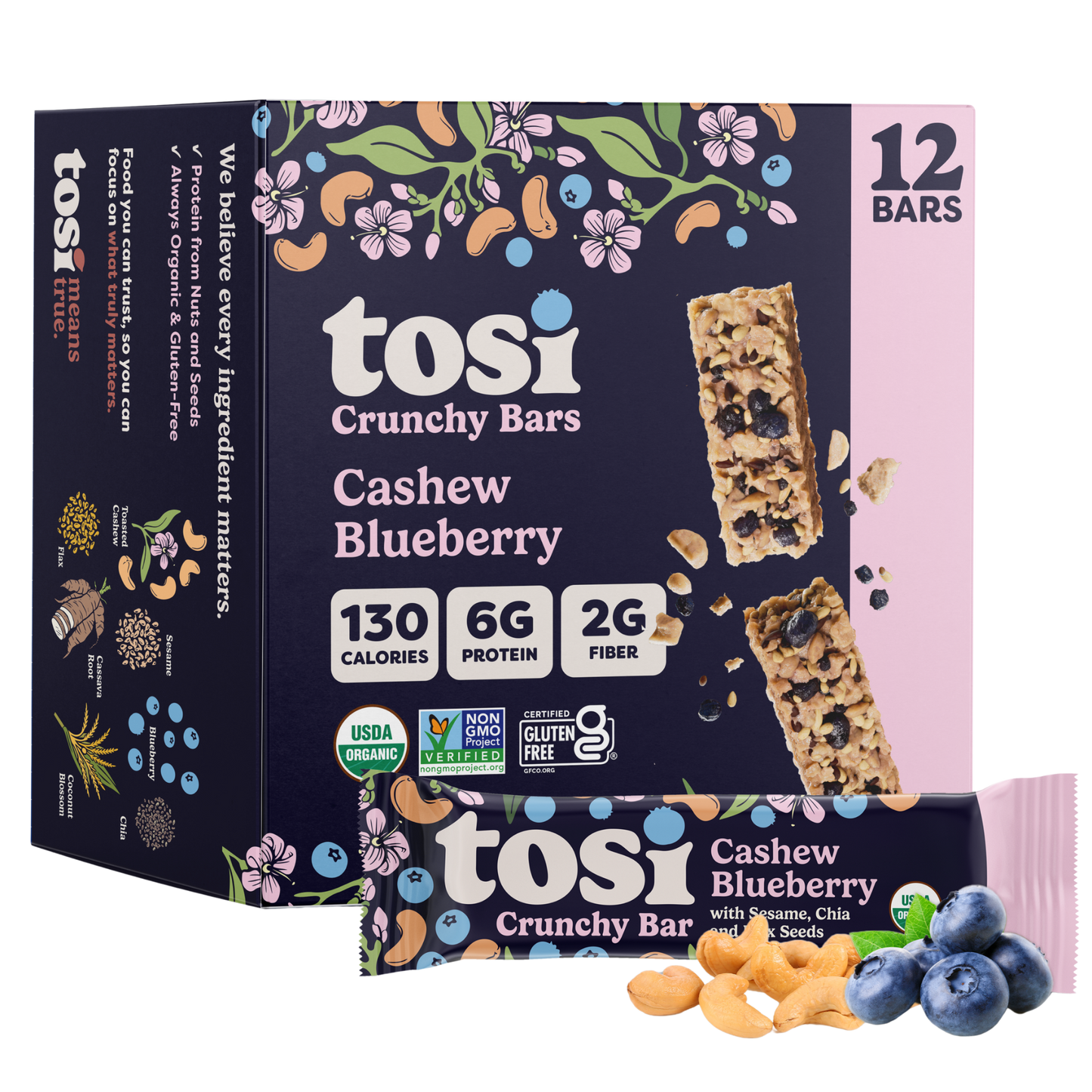 Tosi Crunchy Bars - Cashew Blueberry (Snack Size), 72-count case