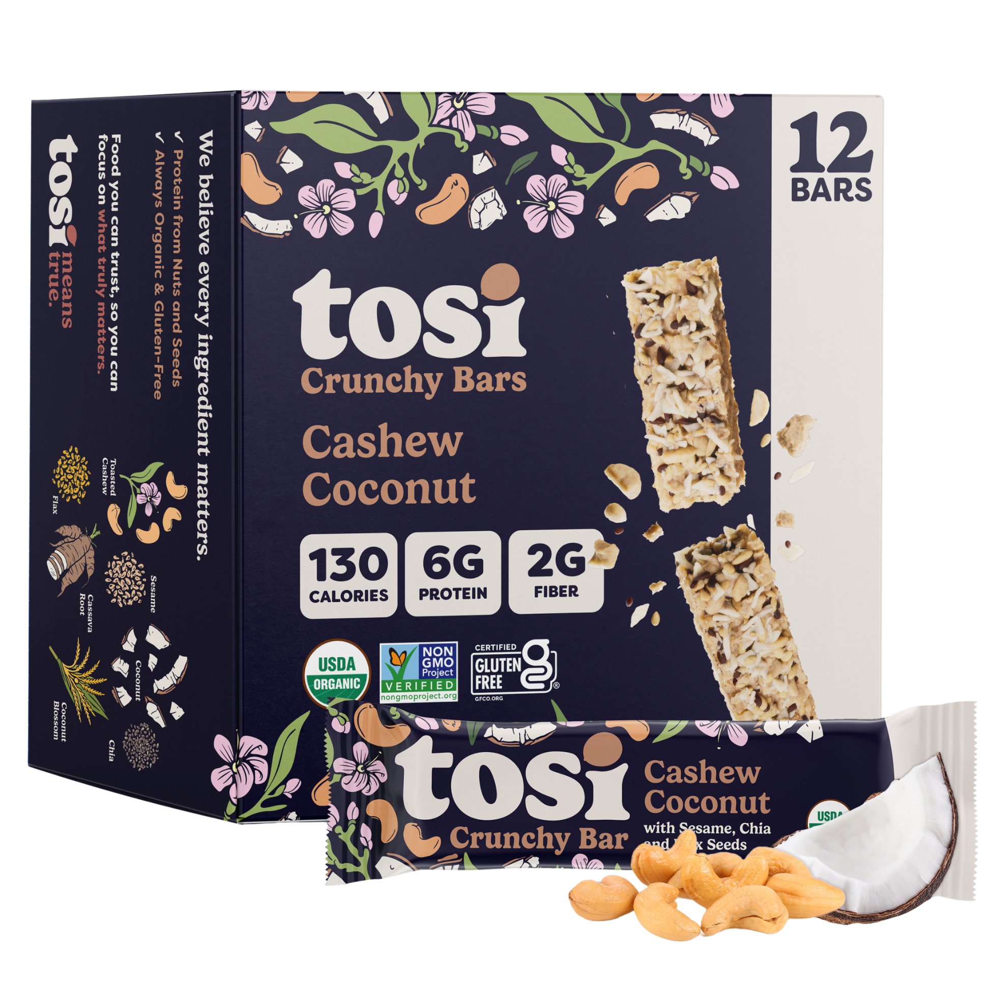 Tosi Crunchy Bars - Cashew Coconut (Snack Size), 72-count case