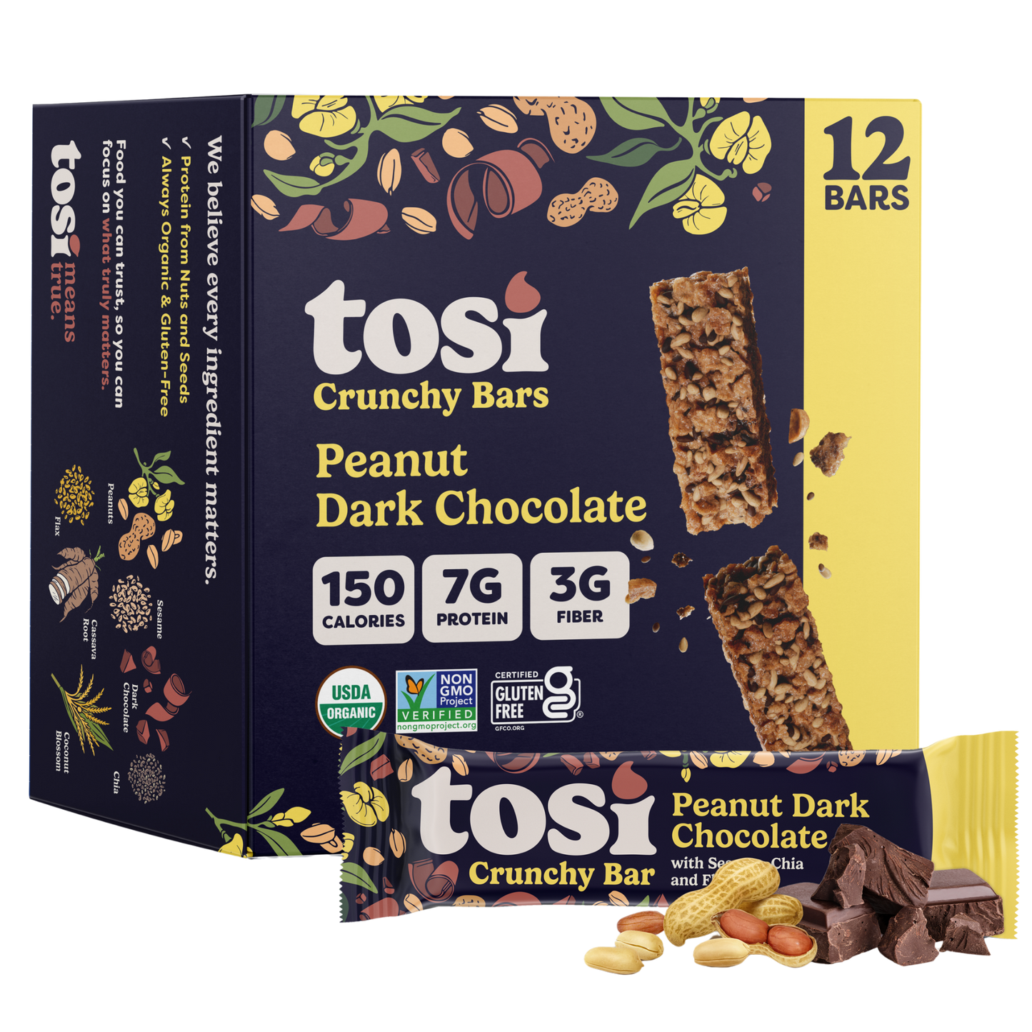 Tosi Crunchy Bars - Peanut Dark Chocolate (Snack Size), 72-count case