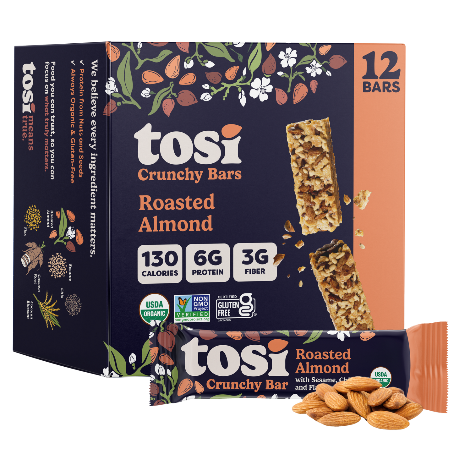 Tosi Crunchy Bars - Roasted Almond (Snack Size), 72-count case