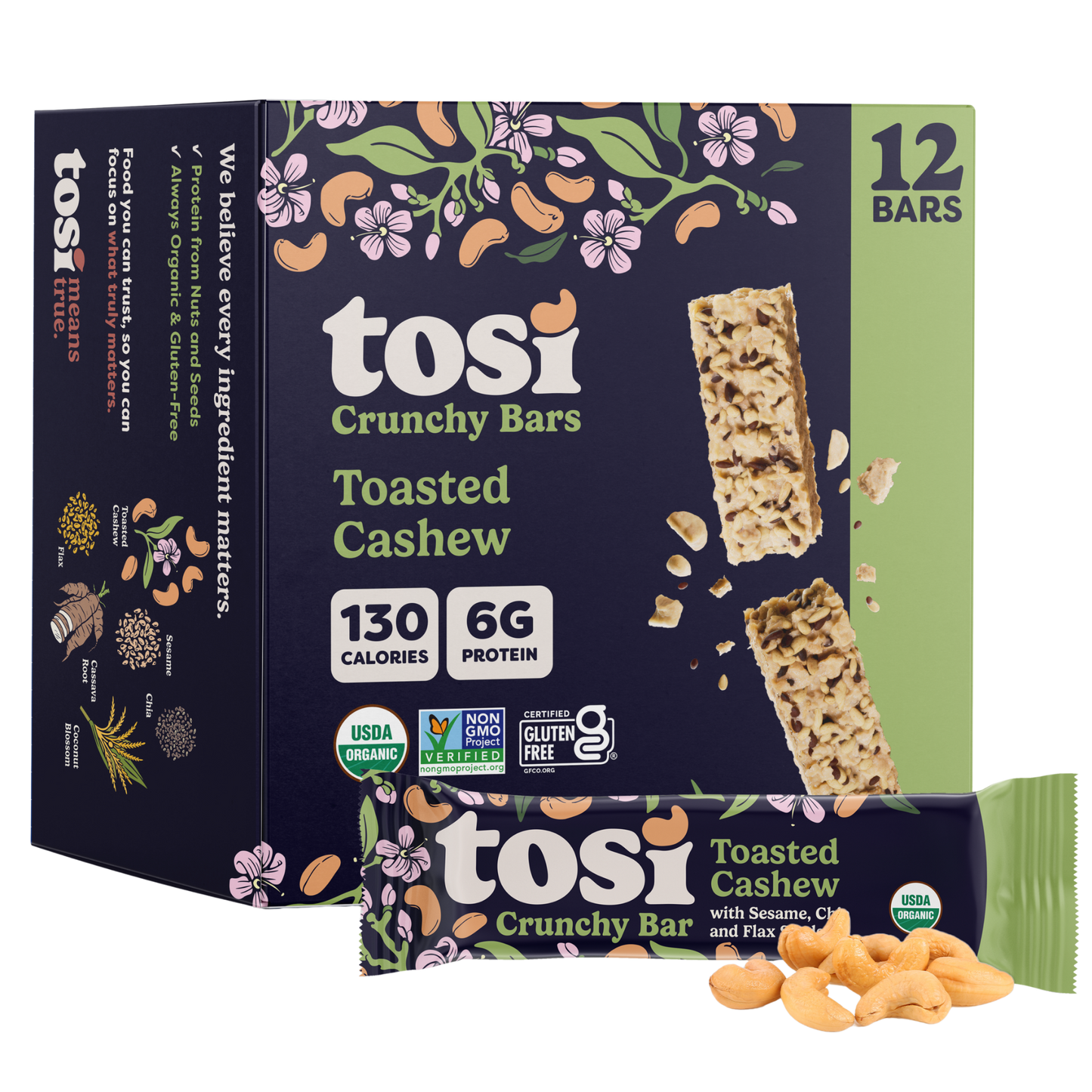 Tosi Crunchy Bars - Toasted Cashew (Snack Size), 72-count case