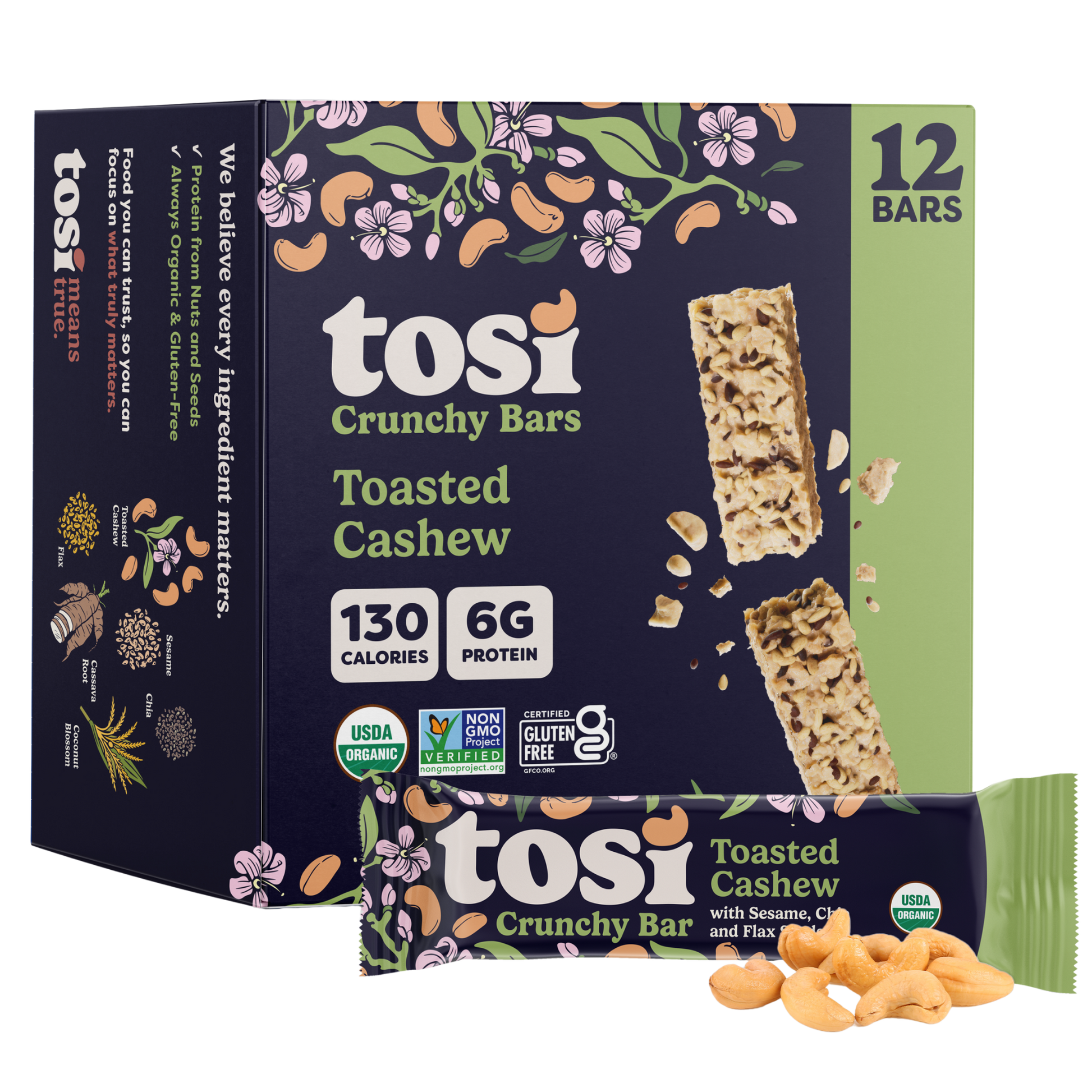Tosi Crunchy Bars - Toasted Cashew (Snack Size), 72-count case