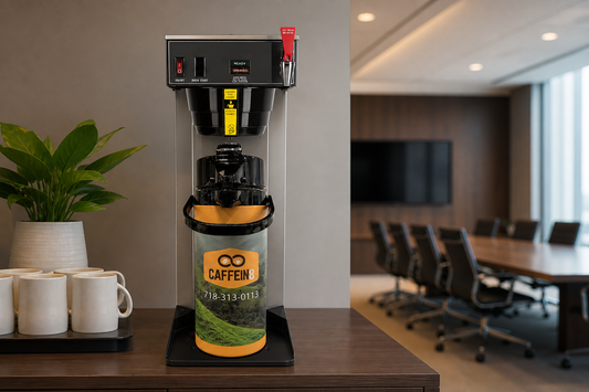 Caffein8 ACE-AP commercial coffee brewer with thermal airpot in a modern office conference hospitality area