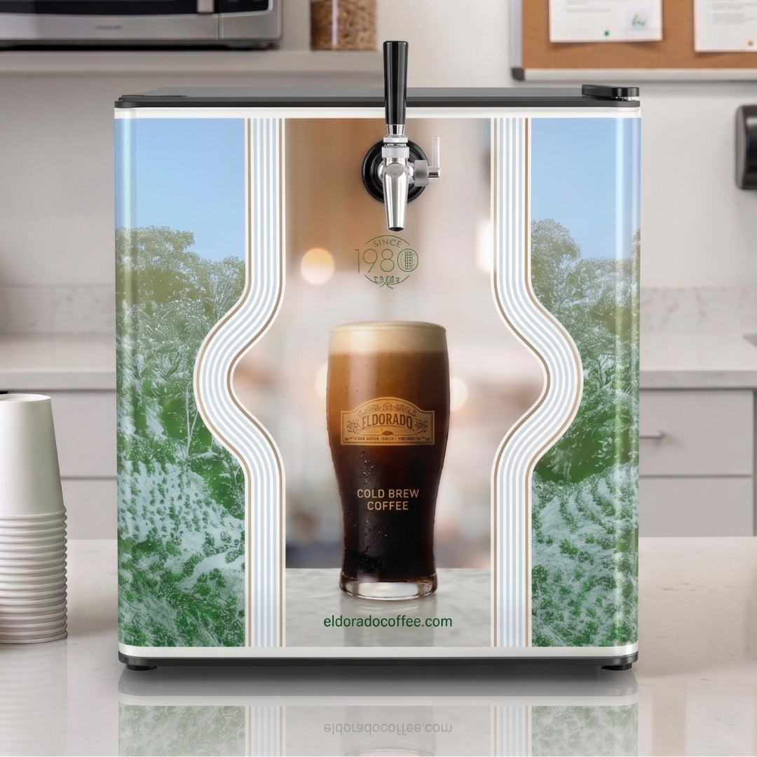 CAFFEIN8 Eldorado Cold Brew Coffee 3 gallon tap dispenser on office breakroom countertop with cups