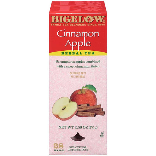 Bigelow Cinnamon Apple herbal tea box with apple and cinnamon stick artwork on a white background
