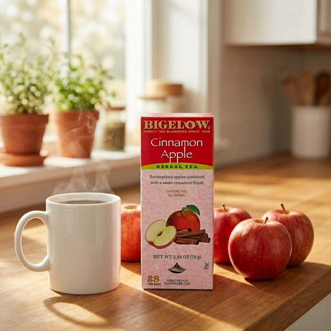 Bigelow Cinnamon Apple herbal tea box beside a steaming mug and fresh apples on a sunlit kitchen counter