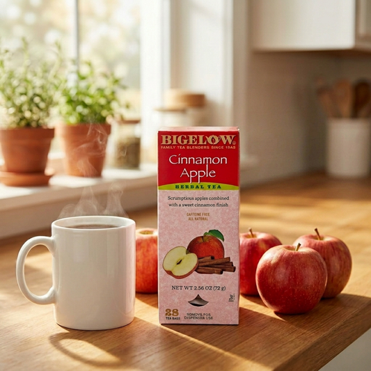 Bigelow Cinnamon Apple herbal tea box beside a steaming mug and fresh apples on a sunlit kitchen counter