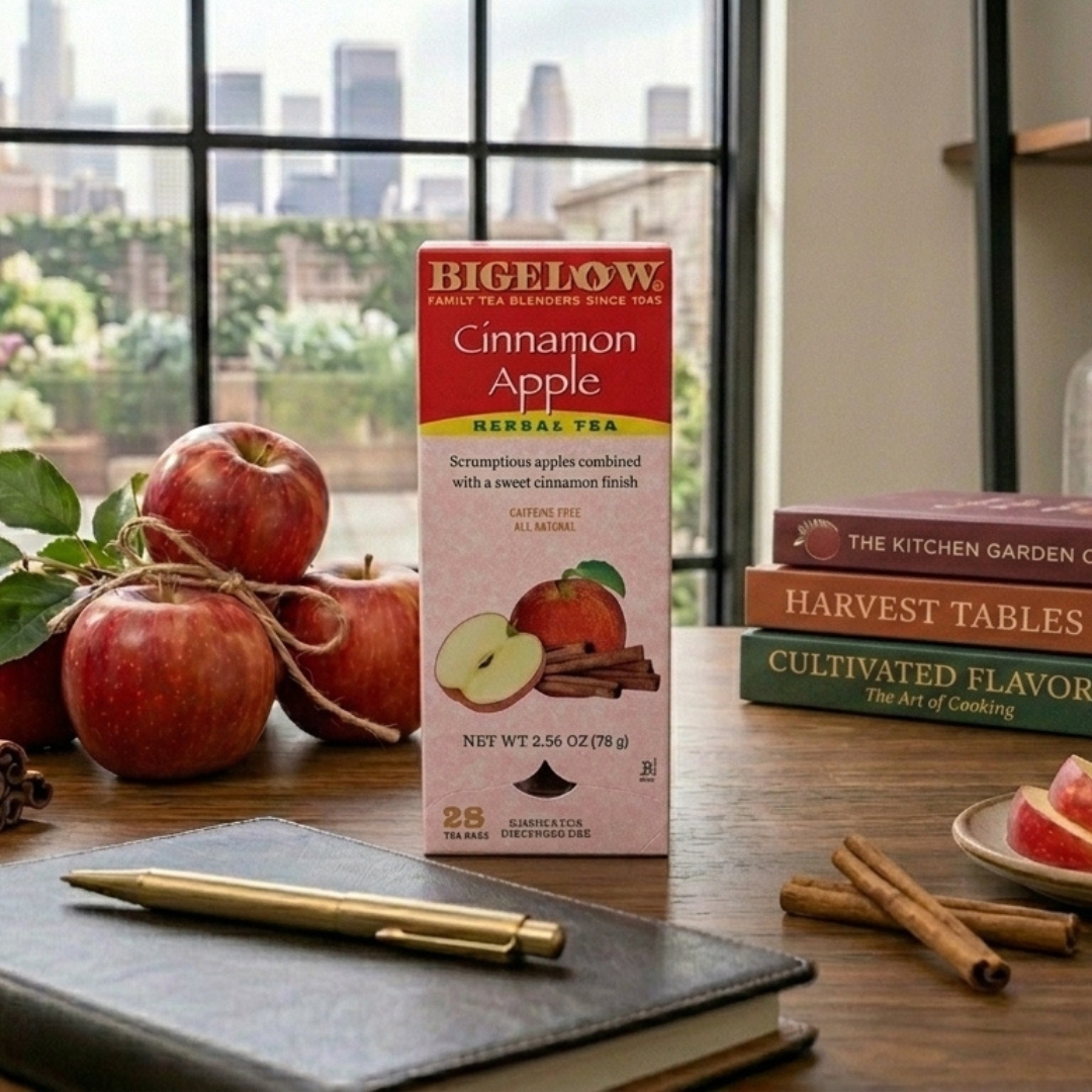 Bigelow Cinnamon Apple herbal tea box on a desk with fresh apples, cinnamon sticks, a leather journal, and a city view