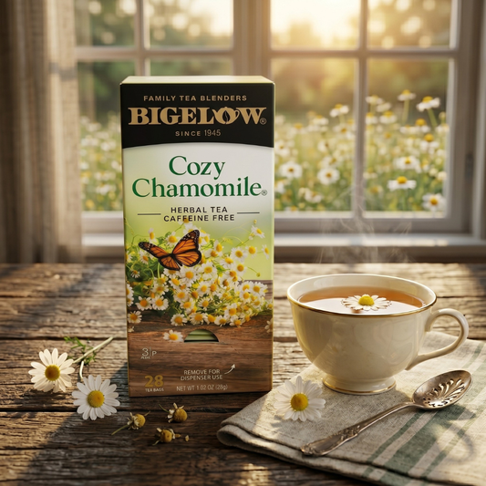 Bigelow Cozy Chamomile herbal tea box beside a steaming cup of chamomile tea on a rustic table, with a sunlit daisy field through the window