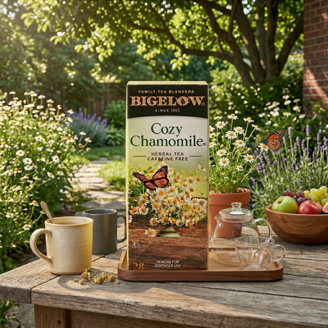 Bigelow Cozy Chamomile herbal tea box on a wooden tray with mugs, a glass teapot, and fresh fruit in a sunlit garden setting