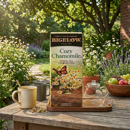 Bigelow Cozy Chamomile herbal tea box on a wooden tray with mugs, a glass teapot, and fresh fruit in a sunlit garden setting