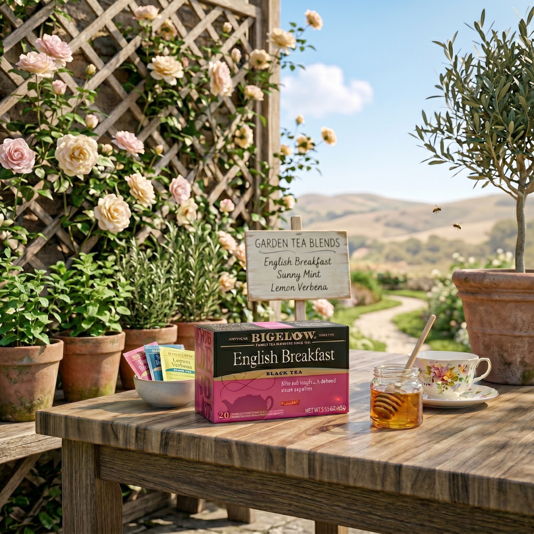 Bigelow English Breakfast black tea box on a garden table with teacup, honey, and roses