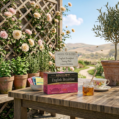 Bigelow English Breakfast black tea box on a garden table with teacup, honey, and roses