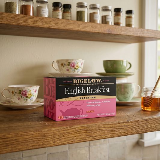 Bigelow English Breakfast black tea box on a wooden shelf with teacups and honey