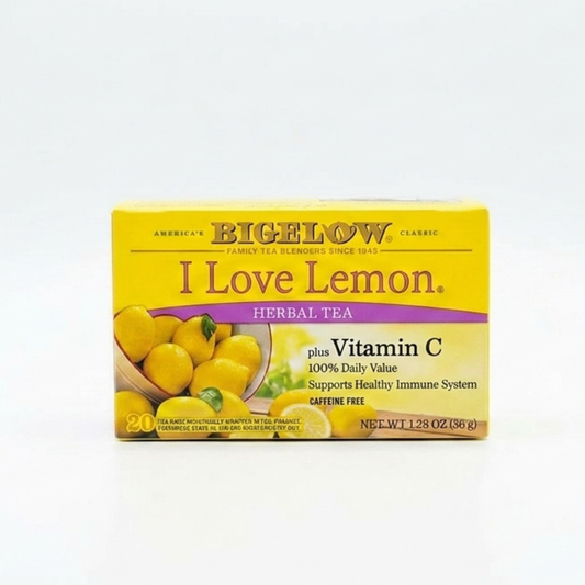 Bigelow I Love Lemon herbal tea box with vitamin C on a clean white background