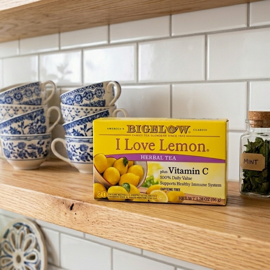 Bigelow I Love Lemon herbal tea on a wooden shelf beside blue-and-white teacups and a jar of mint
