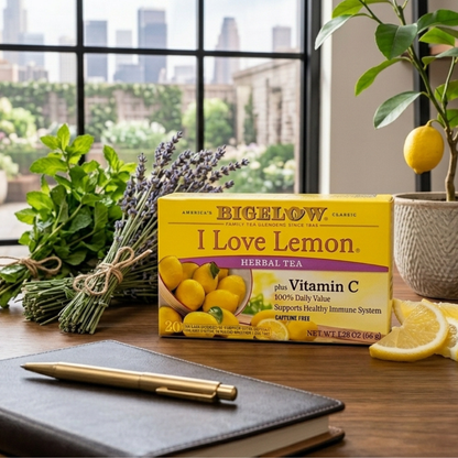 Bigelow I Love Lemon herbal tea on a desk with fresh lavender, mint, lemon slices, and a city view
