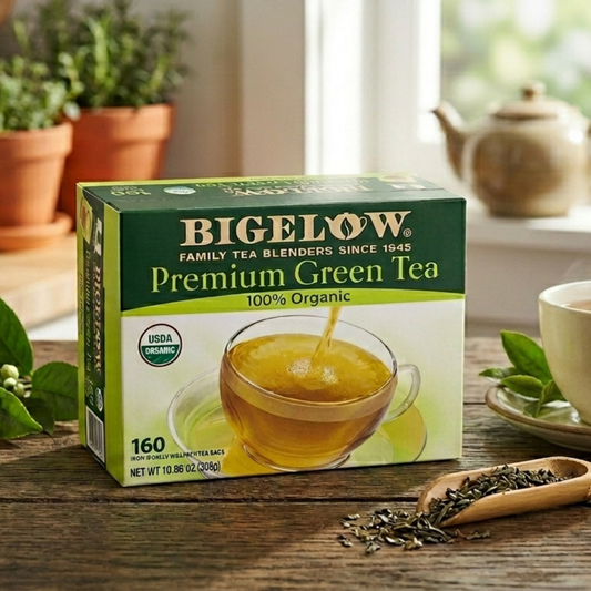 Bigelow Premium Green Tea, 100% organic, 160 count box on a rustic wooden table with potted herbs, a teapot, and loose green tea leaves