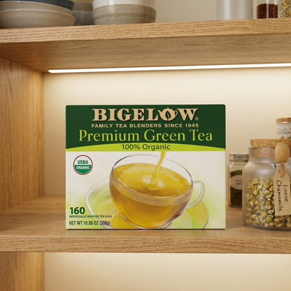Bigelow Premium Green Tea, 100% organic, 160 count box displayed on a wooden pantry shelf beside glass jars of loose tea