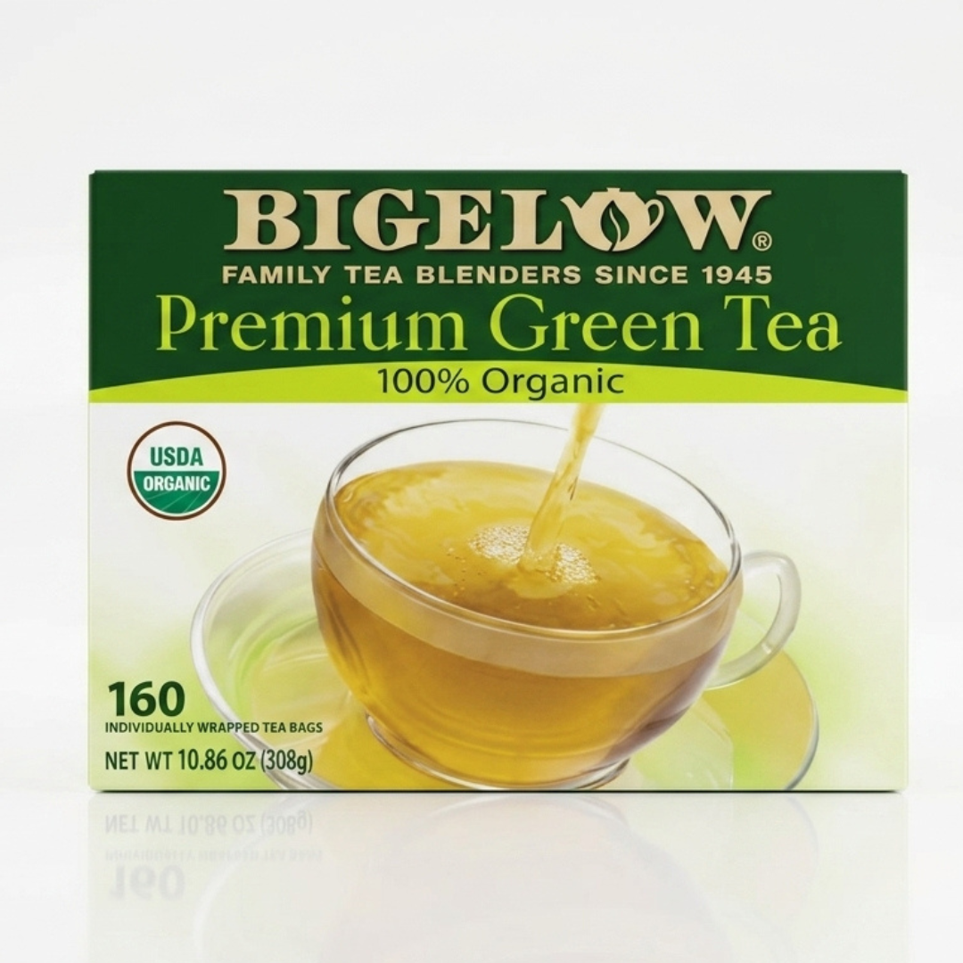 Bigelow Premium Green Tea, 100% organic, 160 individually wrapped tea bags, 10.86 oz box on a clean white studio background