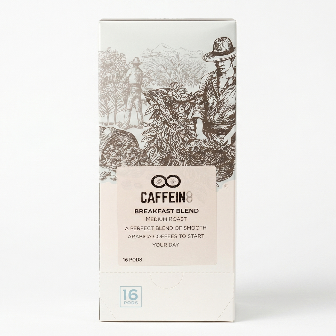 CAFFEIN8 Breakfast Blend medium roast Arabica coffee, 16-pod box, front view on white background