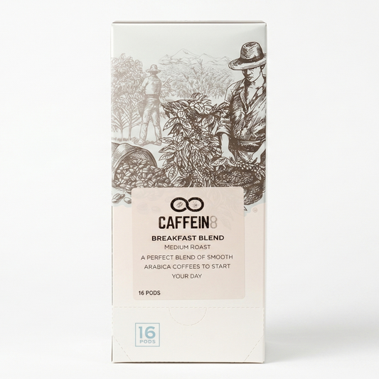 CAFFEIN8 Breakfast Blend medium roast Arabica coffee, 16-pod box, front view on white background