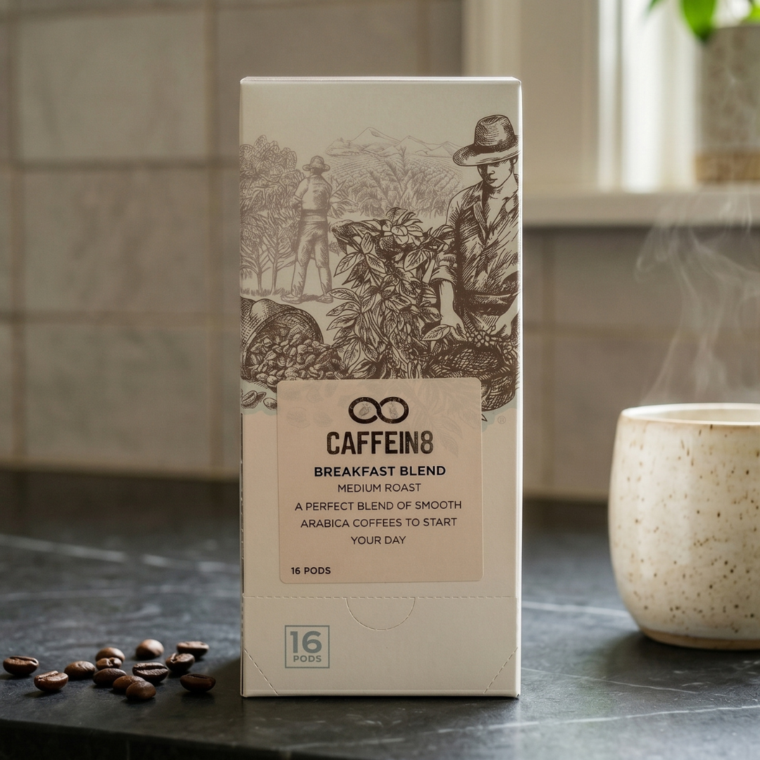 CAFFEIN8 Breakfast Blend 16-pod box on dark kitchen counter with coffee beans and a steaming mug