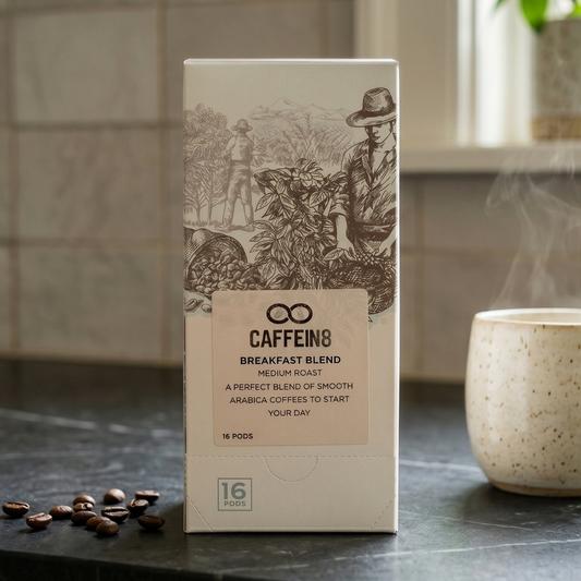 CAFFEIN8 Breakfast Blend 16-pod box on dark kitchen counter with coffee beans and a steaming mug