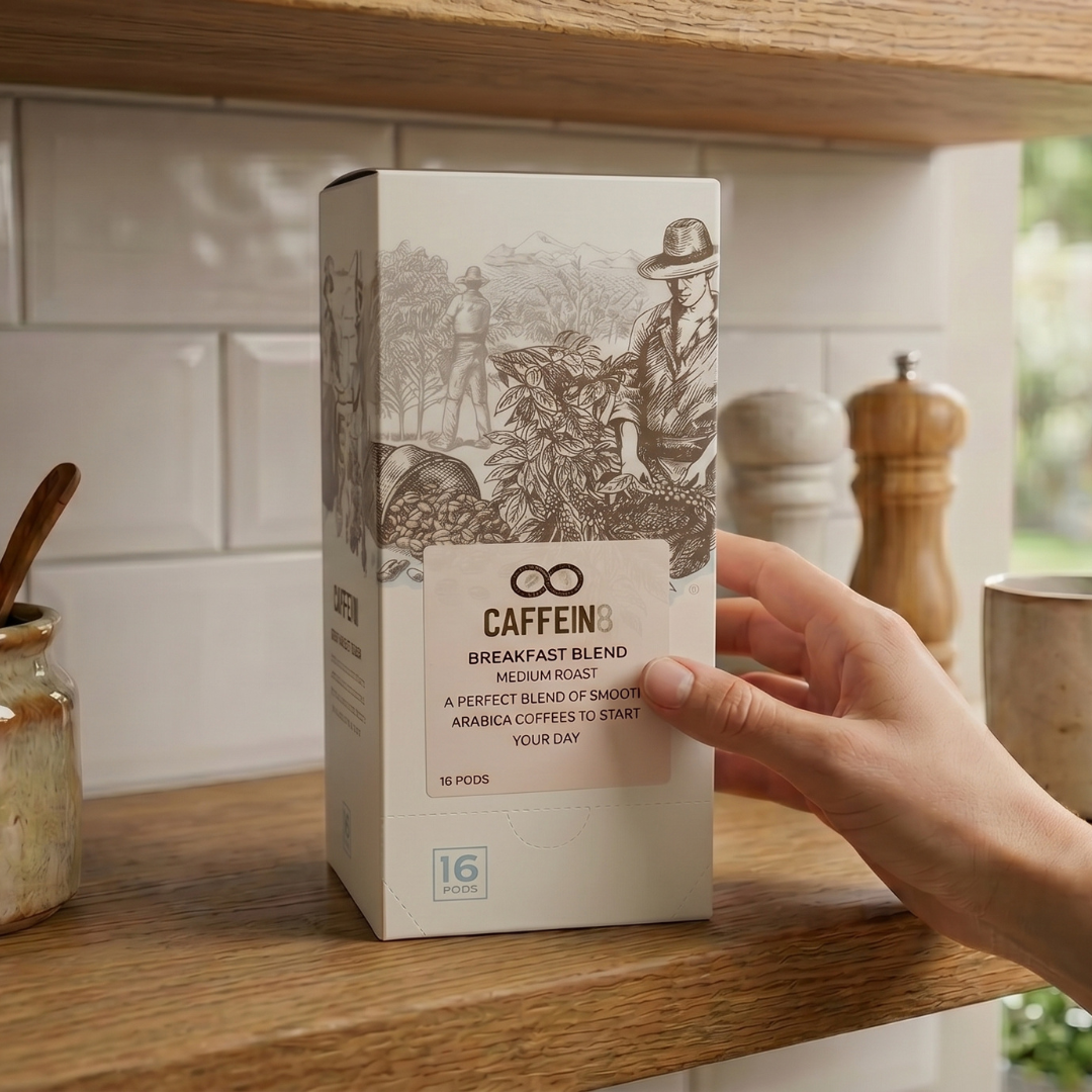 Hand reaching for CAFFEIN8 Breakfast Blend 16-pod box on a wooden kitchen shelf