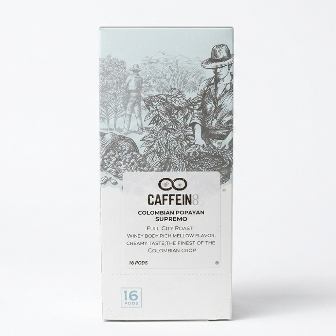 CAFFEIN8 Colombian Popayan Supremo full city roast coffee, 16-pod box, front view on white background