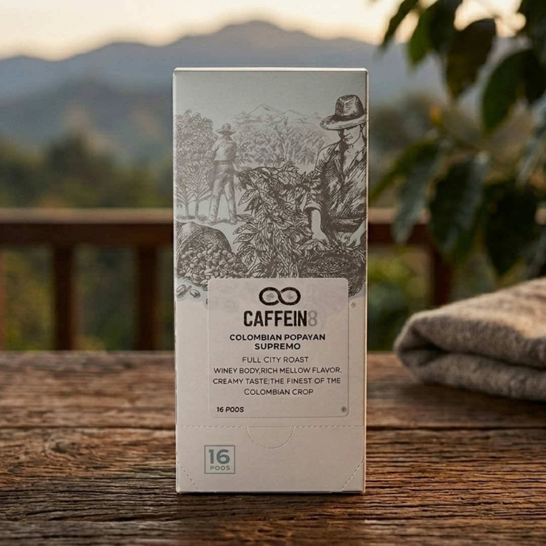 CAFFEIN8 Colombian Popayan Supremo 16-pod box on rustic wood with blurred mountain landscape behind