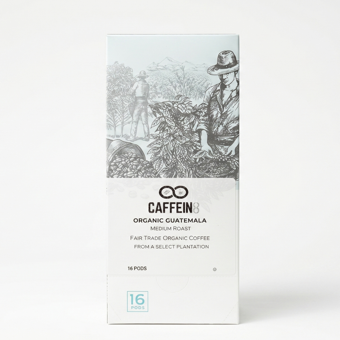 CAFFEIN8 Organic Guatemala medium roast Fair Trade coffee, 16-pod box, front view on white background