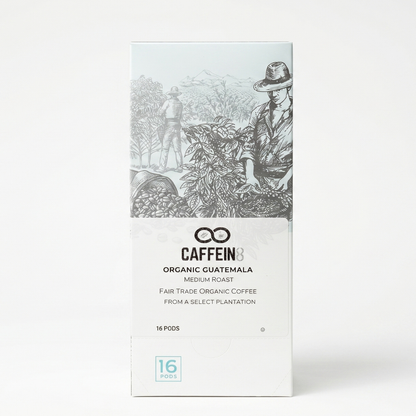 CAFFEIN8 Organic Guatemala medium roast Fair Trade coffee, 16-pod box, front view on white background