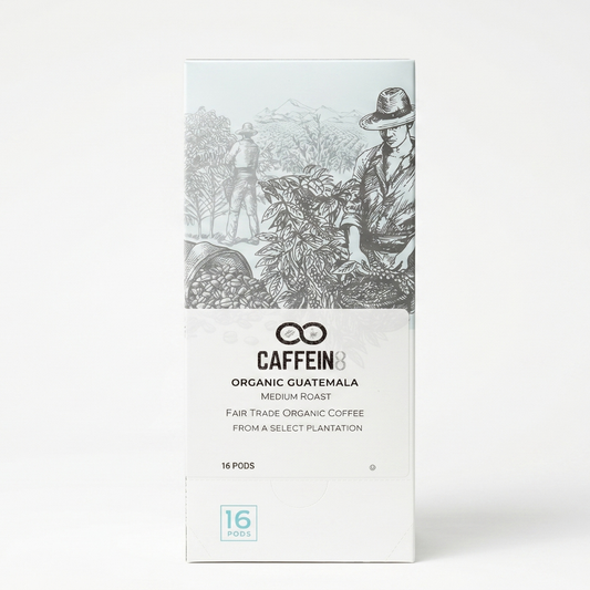CAFFEIN8 Organic Guatemala medium roast Fair Trade coffee, 16-pod box, front view on white background