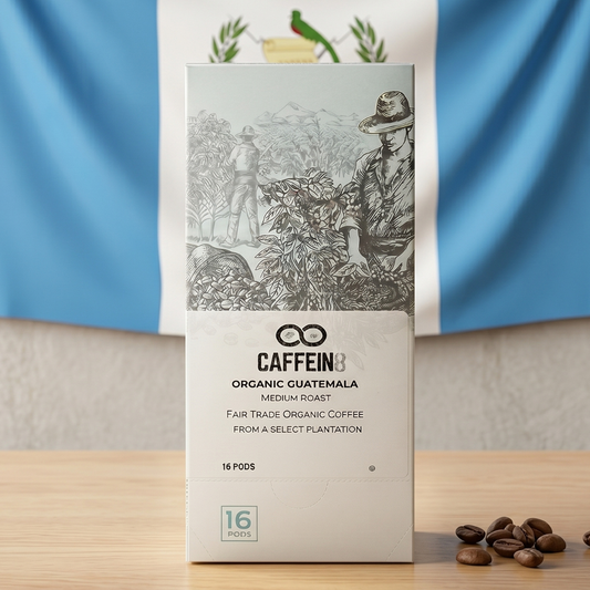 CAFFEIN8 Organic Guatemala 16-pod box with Guatemalan flag backdrop and scattered coffee beans