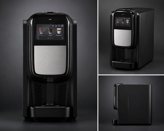 CAFFEIN8 L38 office coffee machine with attached side module and touchscreen showing tea, coffee, and cappuccino options