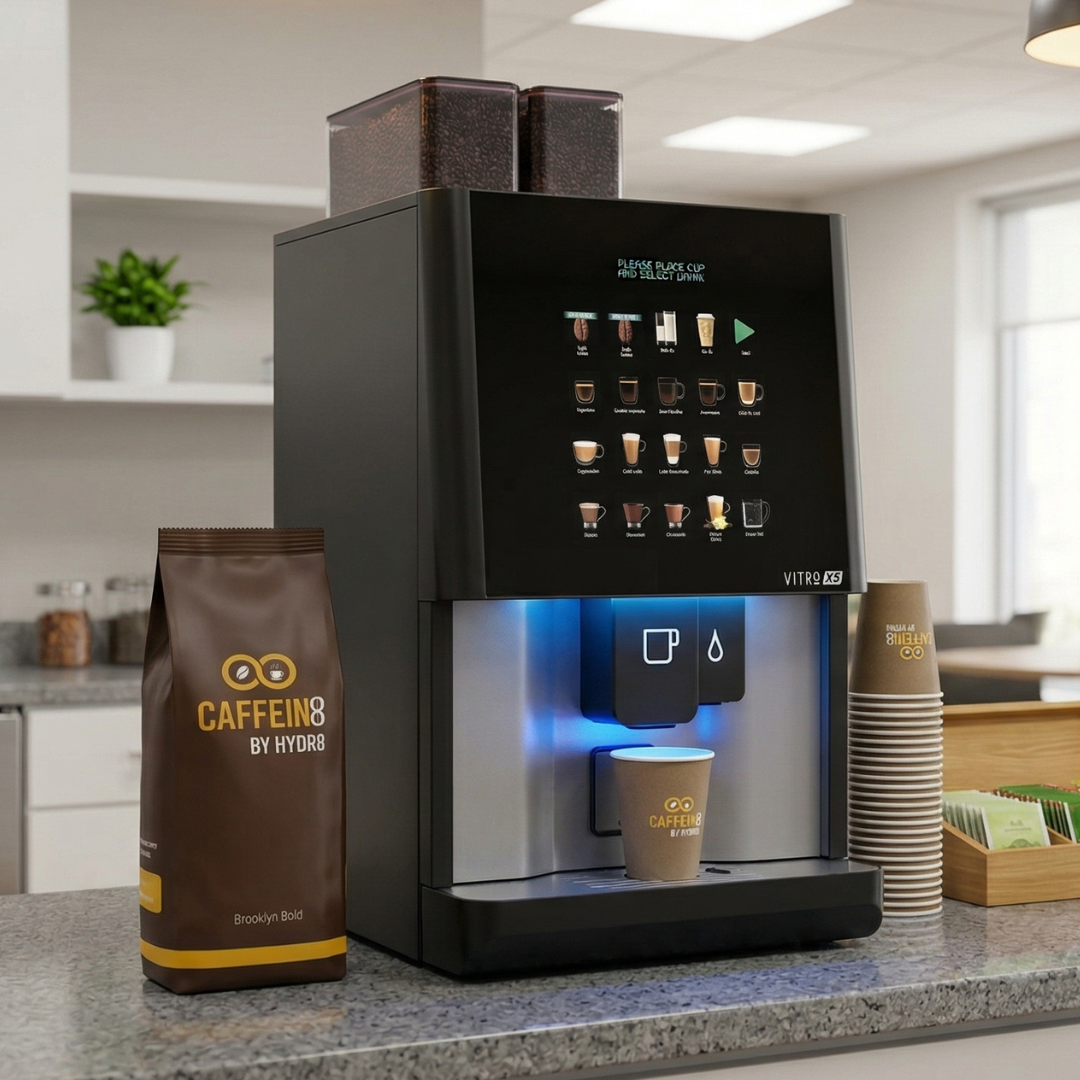 Caffein8 by Hydr8 Brooklyn Bold coffee bag beside a Vitro X5 commercial bean-to-cup machine with a branded cup in an office kitchen setting